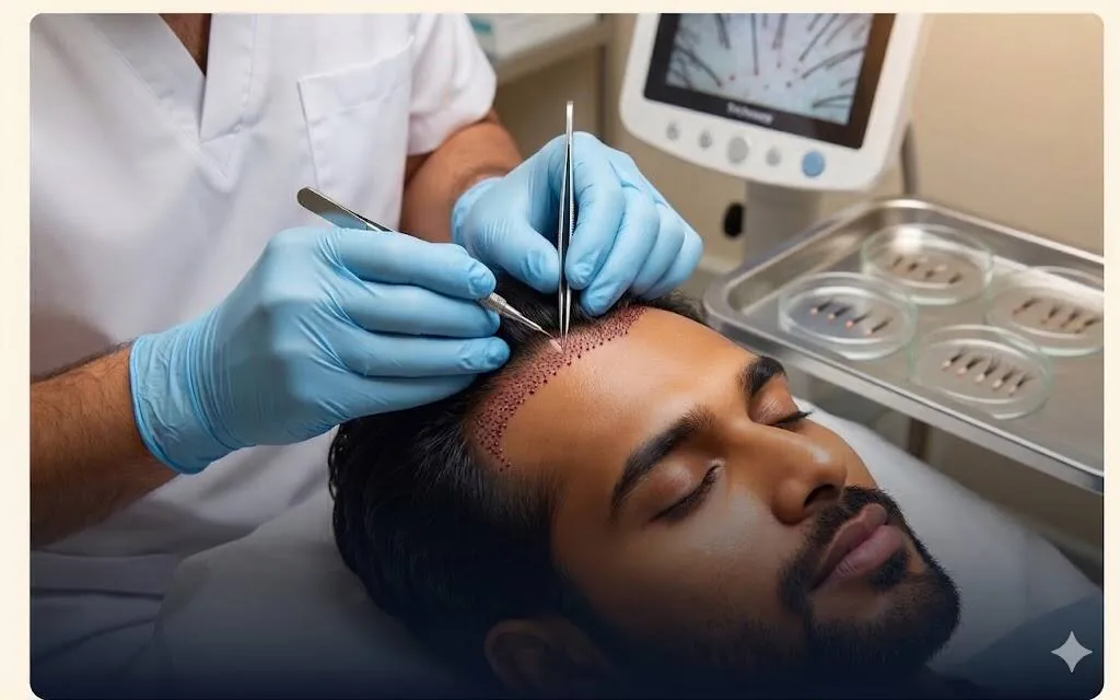 Hair transplant procedure in progress with trained surgical team